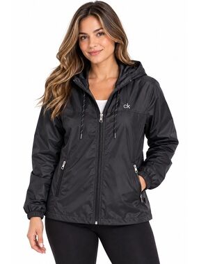 Calvin Klein CK Black Hooded Windbreaker Jacket Fleece Lined Full Zip